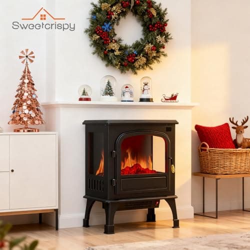 Sweetcrispy Freestanding Electric Fireplace Heater, 26” Indoor Fireplace with 3D Flame Effect, Overheating Safe Design, Energy Saving Space Heater with 12H Timer&Remote for Living Room, Bedroom, Black 6