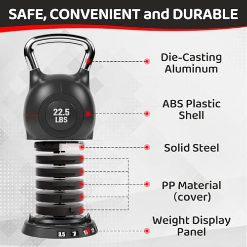 LIFERUN Adjustable Kettlebell Weight Set - 7 Weights from 3.5 to22.5 lbs, Quick-Change Handle for Home Gym, Space-Saving Design for Strength Training, Black 8