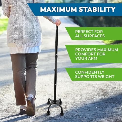HONEYBULL Walking Quad Cane for Men & Women - Adjustable, Lightweight Quad Cane with Large 4 Pronged Base for Extra Balance & Stability; Walking Canes for Seniors, Walking Sticks (Black) 6