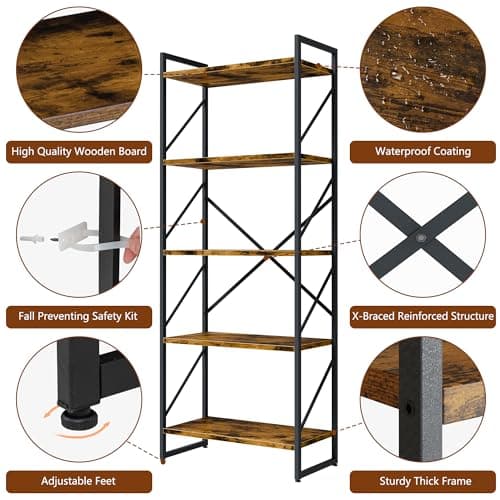 Shintenchi 5 Tiers Bookshelf, Classically Tall Bookcase Shelf, Industrial Book Rack, Modern Book Holder in Bedroom/Living Room/Home/Office, Storage Rack Shelves for Books/Movies-Rustic Brown 6