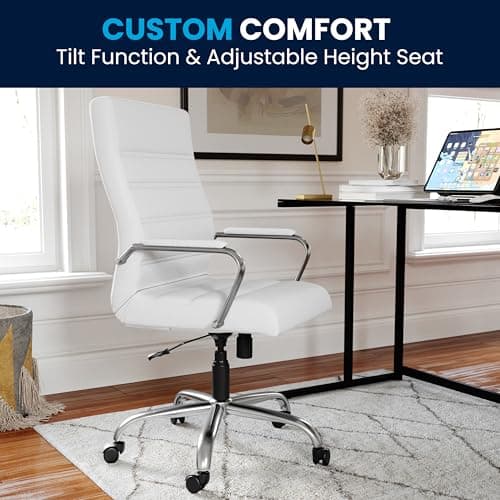 Flash Furniture Whitney High-Back Swivel LeatherSoft Desk Chair with Padded Seat and Armrests, Adjustable Height Padded Office Chair, White/Chrome 7