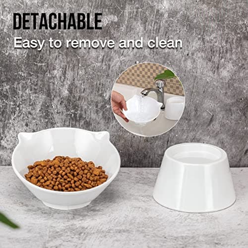 Detachable Elevated Cat Bowls, 15° Tilted Raised Cat Food Bowl Anti-Vomiting, Whisker Friendly, Adjustable Pet cat Dishes for Protecting Spine, Adult Kitten (White) 6