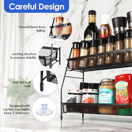 Spice Rack Organizer for Kitchen Counter Shelf with Small Basket,Countertop Organizer for Bathroom Counter, The Organizer for Bedroom,Contains Hooks, Cleaning Cloths,Suction Cup Feet Mats (Black) 5
