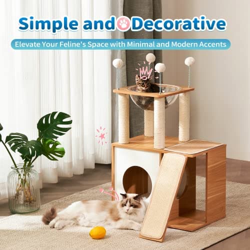 Made4Pets Cat Tree for Indoor Cats, Modern Cat Tower Tall for Large Cats Kitten, Wood Kitty Condo Climbing Furniture Heavy Duty, Vesper Cute Castle with Scratching Post and Ramp 9
