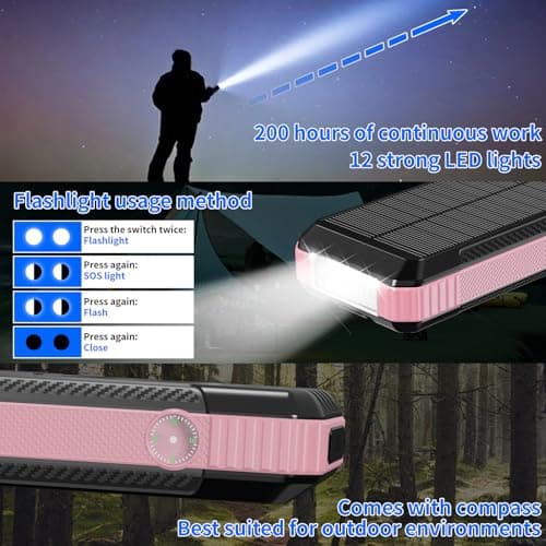 Solar Power Bank 49800mAh, Portable Charger with Built-in 4 Cables, 22.5W Fast Charging Solar Panel Charger for Traveling, Camping and Emergency(Pink) 7