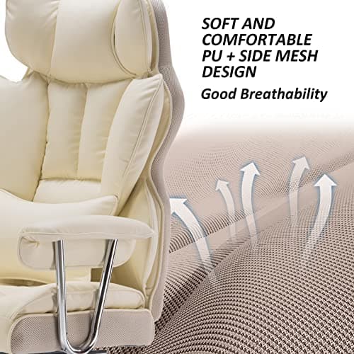 Efomao Desk Office Chair 400LBS, Big and Tall Office Chair, PU Leather Computer Chair, Executive Office Chair with Leg Rest and Lumbar Support, Beige Office Chair 6
