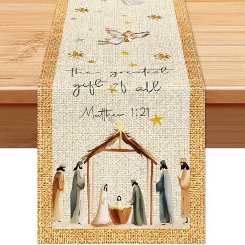 Jesus Christmas Decoration Holy Night Nativity Christ Table Runner Merry Christmas Tabletop Cover,Seasonal Winter Xmas Party Decorations for Home Indoor Kitchen Dining