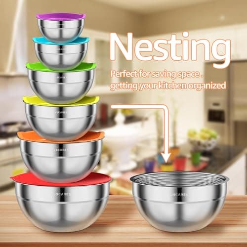 JSCARES Mixing Bowls with Colorful Airtight Lids, 6 Piece Stainless Steel Metal Bowls with 3 Grater Attachments, Size 4.5, 3.5, 2.1, 1.5, 1.1, 0.7 QT 8