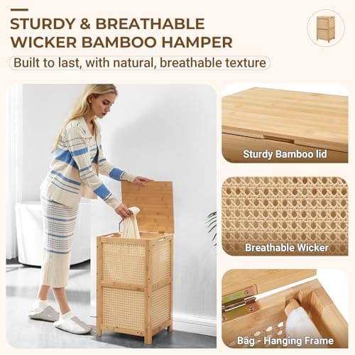 TIOPGHAD Bamboo-Laundry-Hamper-Wicker-Basket-with-lid Large Wood Laundry Hampers Basket Bin Storage Organizer for Dirty Clothes, Laundry Room, Bathroom, Bedroom, Living Room, Home Decor(13Gallon/50L) 5