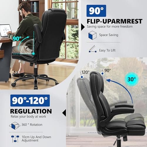 PU Leather Executive Office Chair, Ergonomic High-Back Computer & Gaming Chair with Adjustable Height, Rolling Swivel & Flip-Up Armrests, Comfy Padded Seat for Home Office-Black 6