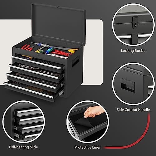 Goplus Tool Chest, 5-Drawer Rolling Tool Storage Cabinet with Detachable Top Tool Box, Liner, Universal Lockable Wheels, Adjustable Shelf, Locking Mechanism, Metal Tool Cart for Garage Workshop 8