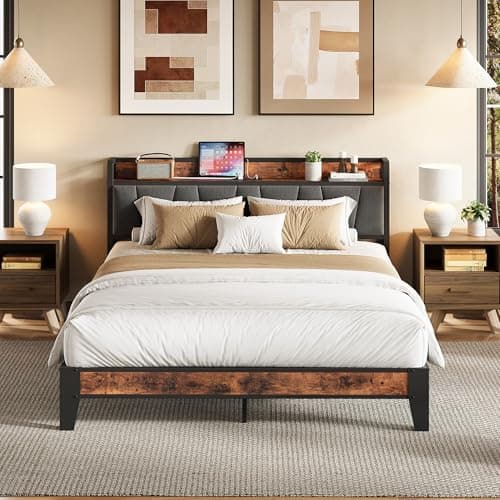 LIKIMIO Queen Bed Frame, Storage Headboard with Charging Station, Solid and Stable, Noise Free, No Box Spring Needed, Easy Assembly