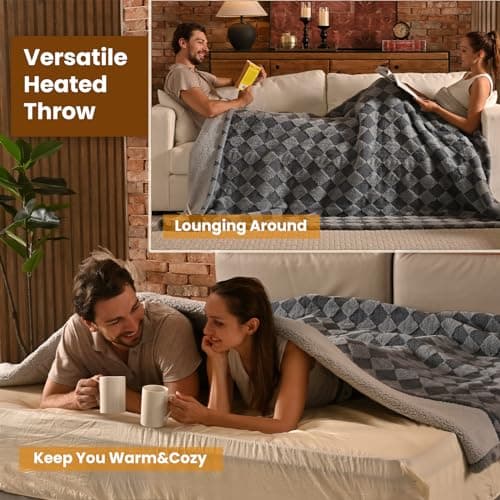 Bearhug Heated Blanket King Size 100" x 90" Dual Controller Electric Blanket, Reversible Brown Plaid Sherpa Heating Blanket, 10-Heat Levels & 1-12H Auto Off, ETL, Machine Washable 5