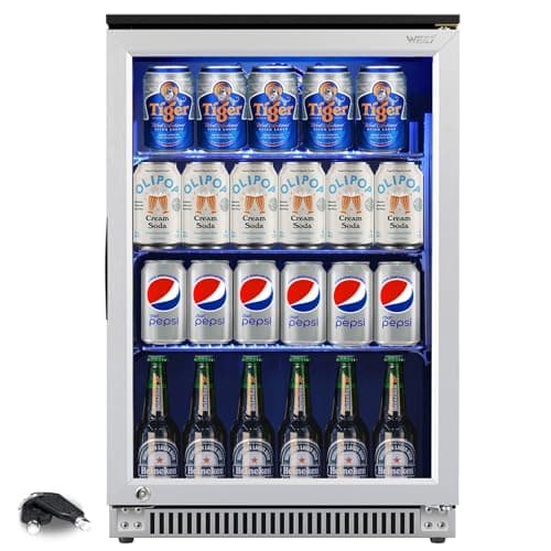 Weili 20 Inch Built in Beverage Refrigerator with Lock, Under Counter or Freestanding 120 Can Soda Beer Drink Cooler Fridge with Stainless Steel and Glass Door