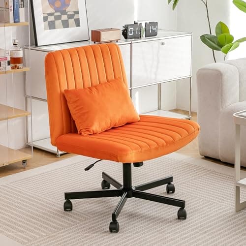 Purgreen Criss Cross Chair, Office Chair Cross Legged with Wheels, Armless Office Chair, Desk Chairs with Wheels for Home Office, Meditation (Velvet Orange)