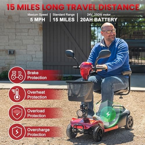 Puvirecn 4 Wheel Mobility Scooter - Foldable Mobility Scooters for Adults, Long Range 15 Miles, Max Load of 330lbs, All Terrain Mobility Scooter with Basket & Cup Holder 5