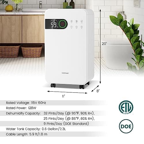 COSTWAY 2,500 Sq. Ft Dehumidifier for Basement, 32 Pints Home Dehumidifier with Wheels, Sleep Mode, 24H Timer, 3-Color LED Indicator Light & Child Safety Lock 6