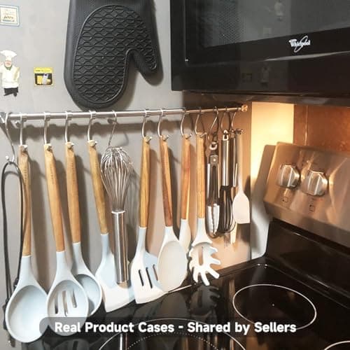 OKEPOO 304 Stainless Steel Kitchen Utensil Hanger - 30 Inch Wall Mount with 15 Noiseless Sliding Hooks, Pots and Pans Hanging Rack, Organizer Storage Perfect for Organizing Cooking Tools, Golden 7
