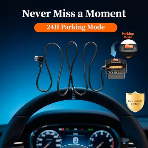 OBD2 dash cam power cable USB C ,OBD to Type-C Adapter Hardwire Kit with 24/7 Parking Mode, Low Voltage Protection (11.6V/23.4V) with 2 Modes Switch , Acc Detection, Plug and Play Continuous Recording 5