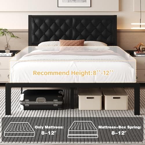 Fluest Queen Bed Frame with Headboard PU Leather Upholstered Bed Frame Platform,All Metal Slats Support Platform Bed Frame with Storage Space,Easy Assembly,Noise Free,No Box Spring Needed,Black 7