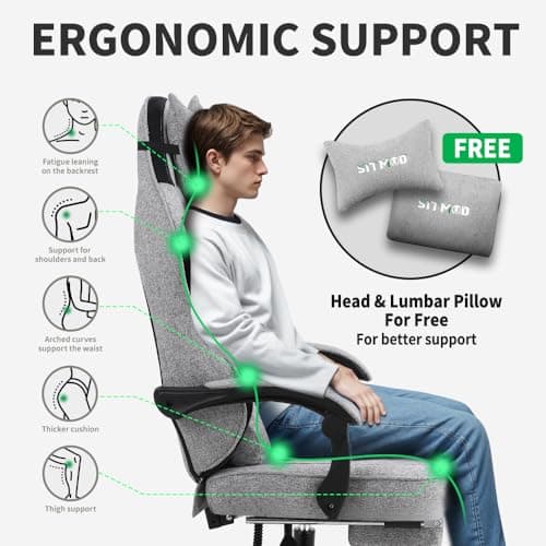 Gaming Chair with Footrest, Ergonomic Lumbar Support Massager Video Game Chair with Metal Legs, High Back Reclining Silla Gamer Chair with Headrest (Light Grey) 7