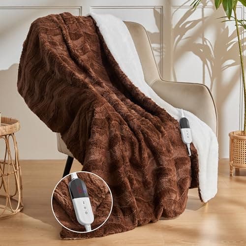 Auemtyn Heated Throw - Soft Faux Rabbit Fur & Fleece, 6 Heating Levels, 4 Time Settings, Auto Shut-Off, Overheat Protection, ETL & FCC Certified