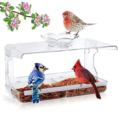 WENMIXER Window Bird Feeder with Non-Marking Self-Adhesive Hooks, Clear and Transparent, Outdoor Wild Bird Watching Gift, Garden Decor (Standard)