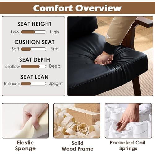 STHOUYN Black Leather Office Accent Chair Set of 2, Office Lounge Chair with Wooden Arms, Mid Century Modern Chair, Side Arm Chairs for Living Room, Comfy Guest Waiting Room Chairs (2, Black) 5