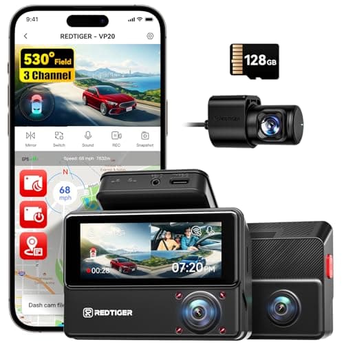 REDTIGER 2.5K+2.5K+1080P 3 Channel Dash Cam, 530° Front Rear and Inside Triple Car Dash Camera include128GB Card, Touch Screen, IR Night Vision, Built-in WiFi GPS, Parking Mode