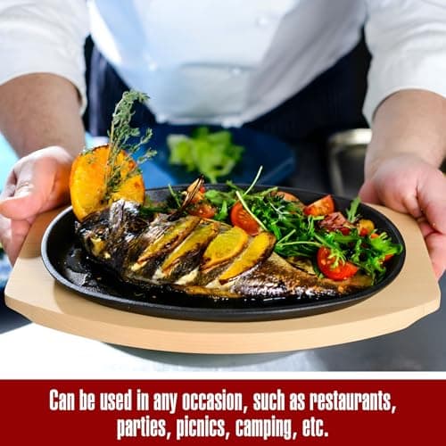 6 Pieces Oval Cast Iron Fajita Skillet Pan Set Small Sizzling Steak Plate with Wooden Base and Handle Cast Iron Fajita Skillet Sizzling Plate for Home Valentine's Day(9.5 in x 5.5 in, Natural Wood) 6