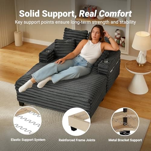 Amsleekey 64" Chaise Lounge Chair Indoor, Oversized Sleeper Chair with Wood Frame, Upholstered Sofa Bed for Living Room, Movie Room, Bedroom with 4 Storage Pockets&2 Cup Holders(Plush Corduroy, Grey) 5