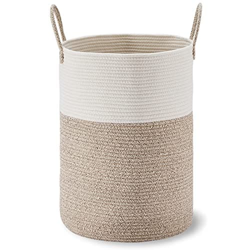 VIPOSCO Large Laundry Hamper, Tall Woven Rope Storage Basket for Blanket, Toys, Dirty Clothes in Living Room, Bathroom, Bedroom - 58L White & Brown 9