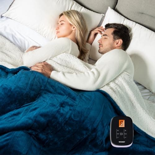 WOOMER Electric Blanket Twin Size 62" x 84", Heated Blanket with 0.5-12 Hours Timer & 10 Heating Levels, ETL Certified, Navy Blue Velvet & White Sherpa, Over-Heat Protect, Machine Washable