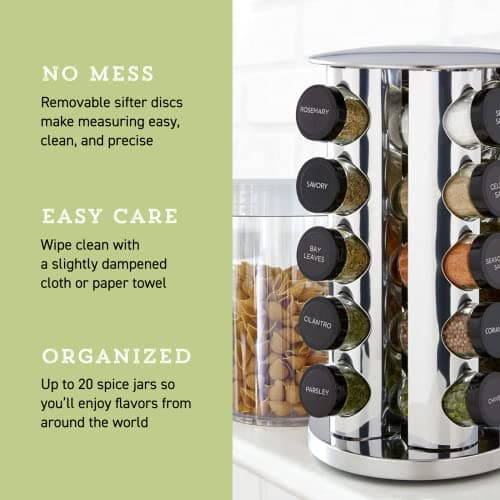 Kamenstein 20 Jar Revolving Countertop Spice Rack with Spices Included, FREE Spice Refills for 5 Years, Polished Stainless Steel with Black Caps, 30020 7