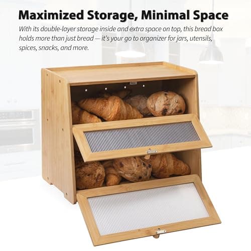 Rose and burlap Bamboo Bread Box 2 Tiered for Kitchen Counter-Large Capacity Wood Bread Basket Storage Container Bread Box with Window Bread Holder with Shelf Vitamin Bottle Storage 5