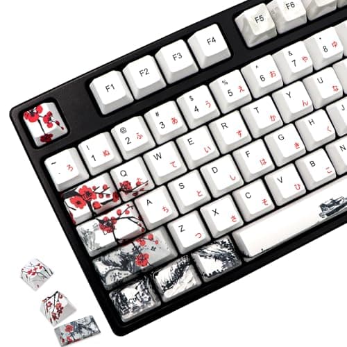 JSJT Plum Blossom Keycaps 135 Keys Japanese Keycaps PBT Custom Keycap Set Cherry Profile Key Caps for US/ISO Layout Cherry MX Switch 64 68 87 96 108 Gaming Mechanical Keyboard(6.25u/7u Spacebar)