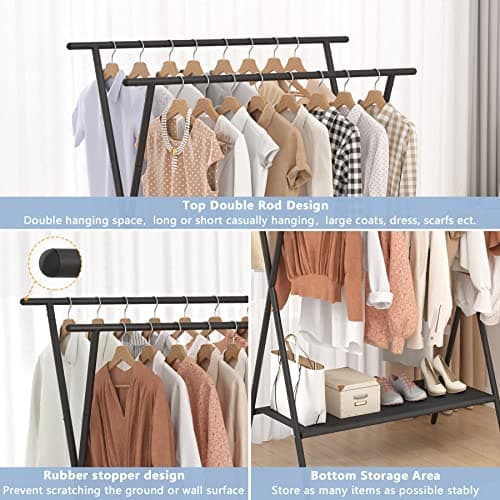 Laiensia Double Rods Clothing Racks for Hanging Clothes,Portable Clothing Hanging Garment Rack with Bottom Oxford Cloth Shelves,Black 7
