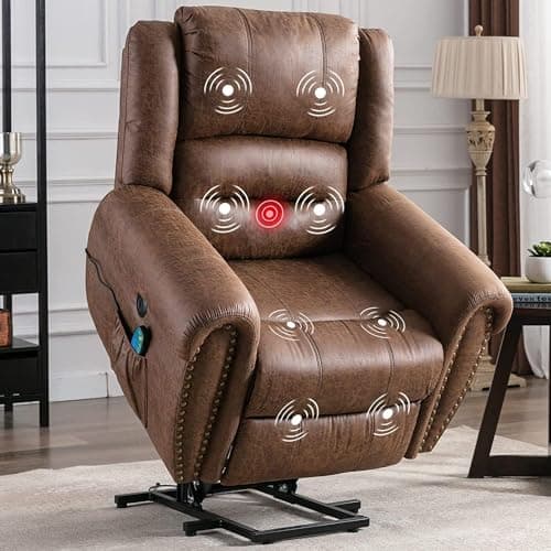 Phoenix Home Large Power Lift Recliner Chairs with Massage and Heat for Elderly, Heavy Duty Electric Faux Leather Reclining Chairs with USB Port and 2 Side Pockets, Brown