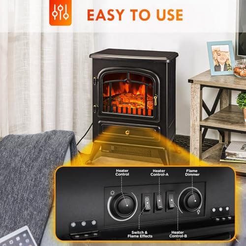 22" Electric Fireplace Heater,Freestanding Fireplace Stove with Realistic Flames,1000/1500W Fireplace Heater with Overheating Protection,Adjustable Flame Brightness(Black) 3
