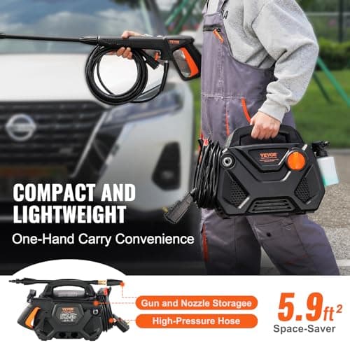 VEVOR Electric Pressure Washer, 2150-PSI 1.85-GPM, Foam Cannon High-Pressure with 5 Different Nozzle, 20ft Hose/35ft Cord Lightweight Washer, Portable Cleans Cars/Fences/Patios/Furniture/Floor/Window 5
