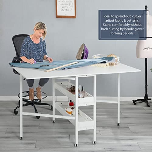 MELLCOM Home Hobby Craft Table with Storage Shelves, Mobile Folding Cutting Table for Large Fabric, Foldable Desk for Home Office Sewing Room Craft Room, Fixed Height 35.5in 6
