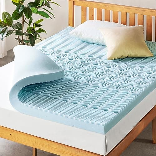 Mellow 4 Inch 5-Zone Memory Foam Mattress Topper, Cooling Gel Infusion, Dorm Essentials, Queen Blue