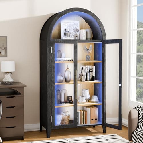Topcomfy 71”H Arched Storage Cabinet with Glass Doors, Modern Display Cabinet with 3 Color Light, Glass Display Case with Human Body Sensor, 5 Tier Kitchen Pantry Cupboard for Living Room, Black&Oak 5