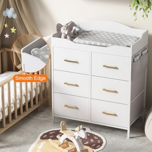 White Changing Table Dresser with 6 Fabric Drawers and Side Pockets, Nursery Dresser with Changing Top, Baby Dresser with Drawers, Diaper Changing Station for Nursery and Bedroom 6
