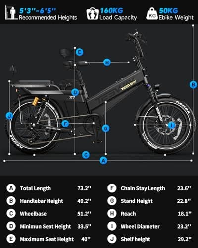 TESWAY 52V 3600W Dual Motor Ebike 200Miles Longest Range Electric Bike for Adults, 20" Fat Tire Full Suspension E Bike 2 Seaters for Off-Road (Single Motor, Black) 8