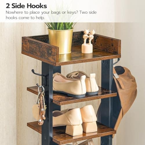 HOOBRO Vertical Shoe Rack for Front Door Entryway, 7 Tier Wooden Shoe Storage Organizer with Hooks, Narrow Shoe Tower for 7 Pairs, Space Saving, for Corner, Closet, Bedroom, Rustic Brown BF61XJ01 5