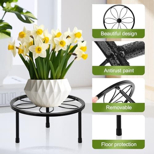ESRICH 2 Pack 7.8" Metal Plant Stand Indoor , Black Plant Stands Outdoor, Rustproof Round Heavy Duty Flower Pot Stand, Potted Plant Holder for Garden Home 3
