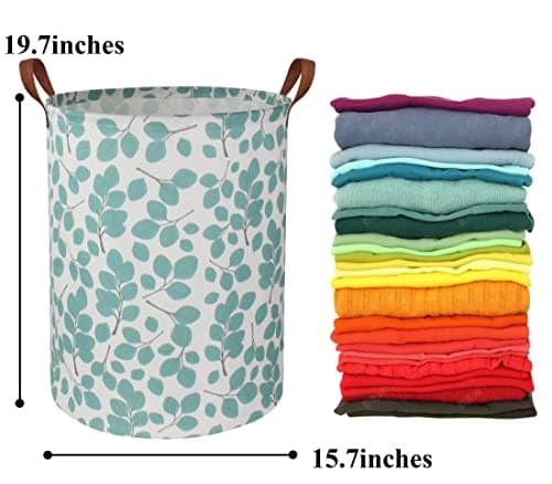 HIYAGON Laundry Baskets,Canvas Fabric Laundry Hamper,Collapsible Toy Storage Organizer Bins,Gift Basket for Bedroom, Clothes, Nursery,Kids,Boys (Eucalyptus leaves) 7