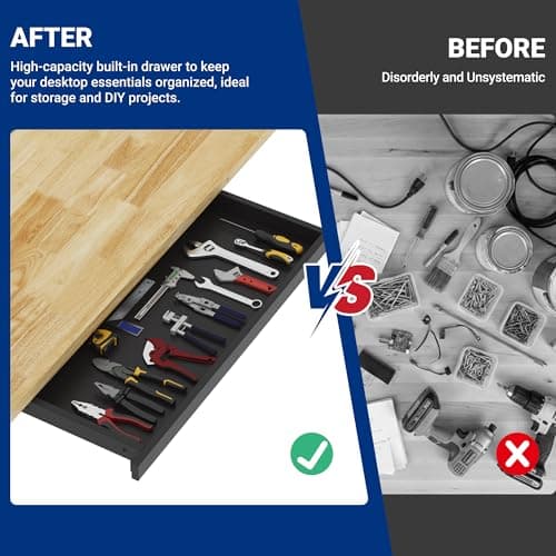 FLEXIMOUNTS 47.2" x 23.6" Adjustable Height Workbench with Hand Crank, Drawers & 360° Wheels – Rubber Wood Top Heavy-Duty Workstation & Steel Frame for Garage, Studio, Kitchen or Workshop 3