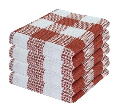 PurpleEssences Rust 100% Cotton Waffle Weave Check Plaid Kitchen Towels, Super Soft and Absorbent Dish Towels for Drying Dishes 15x25-4 Pack - Spring Easter Summer - Rust and White